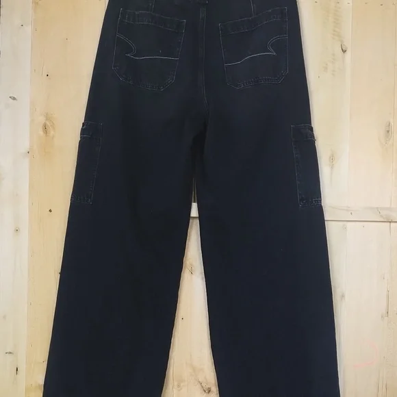 American Eagle High-Rise Baggy Wide Leg Black Denim Cargo Pants - Picture 7 of 9